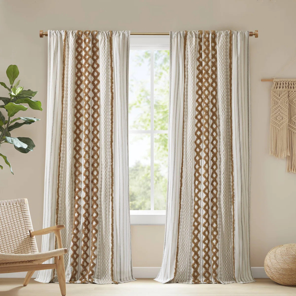 Imani 100% Cotton Printed Boho Single Curtain Panel with Tufted Chenille Stripe and Lining | Wayfair North America