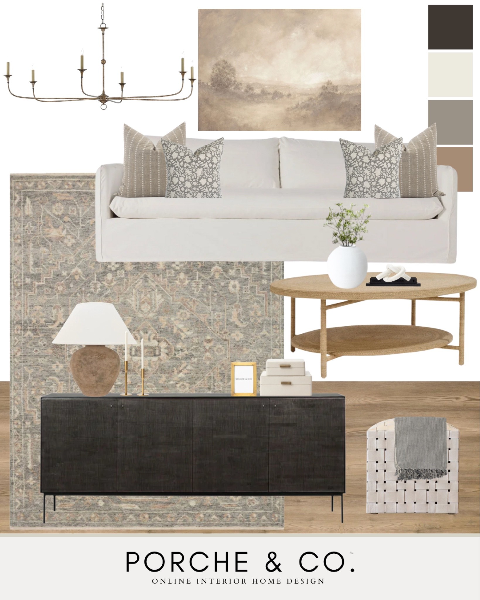 Living room decor, living room mood board, living room inspo, transitional living room, console, neutral rug, woven coffee table, ottoman, statement art #livingroom #moodboard 

#LTKSeasonal #LTKstyletip #LTKhome