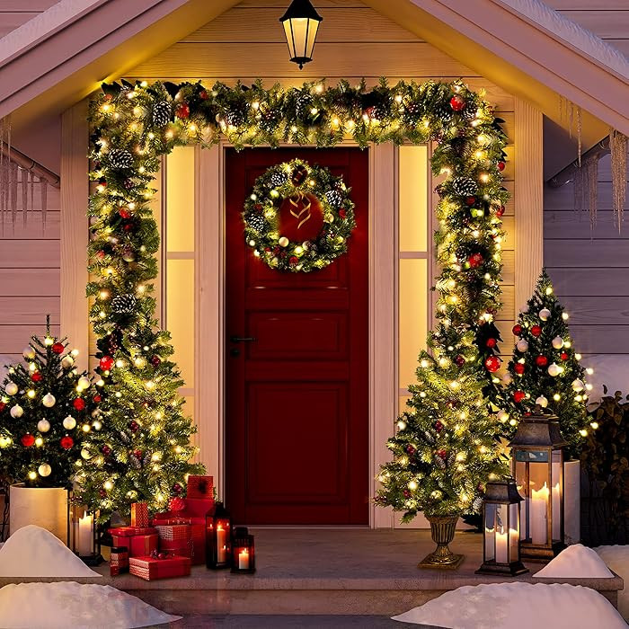 4Pcs Christmas Tree Garland Wreath Set, 2Pcs 4ft Prelit Artifical Christmas Tree, Prelit Christma... | Amazon (US)