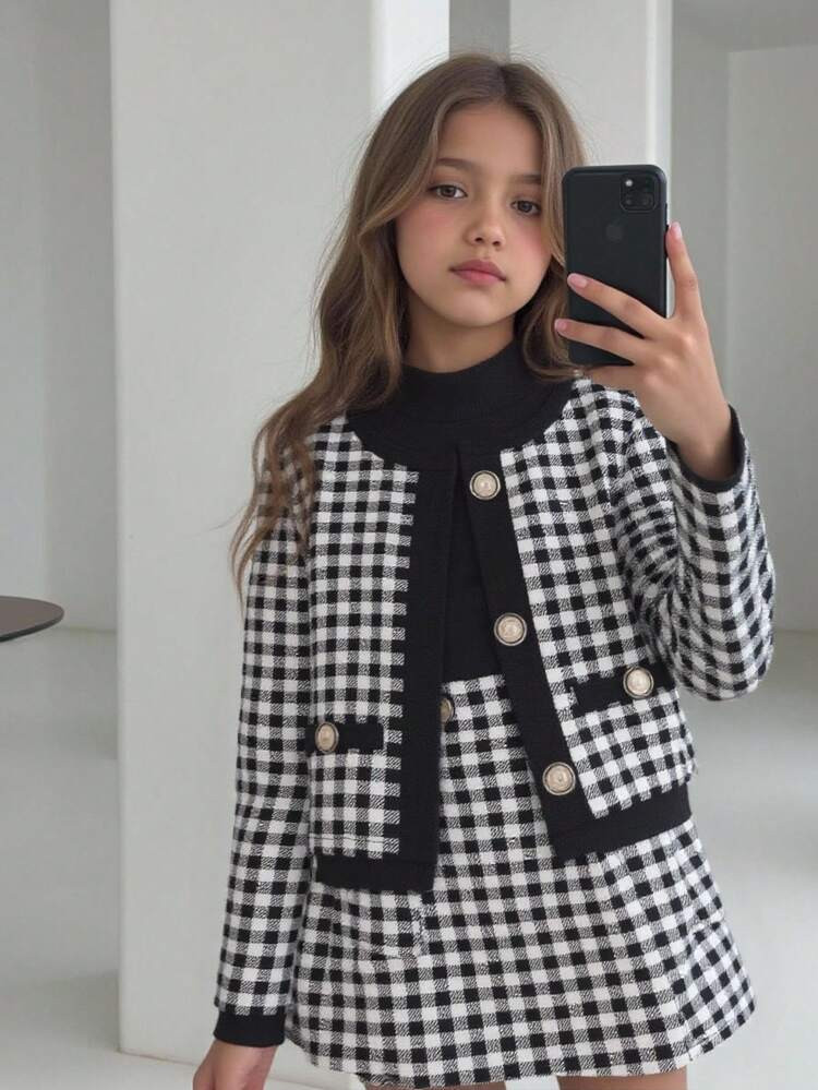 SHEIN Young Girls Elegant Plaid 3 piecd set  | SHEIN