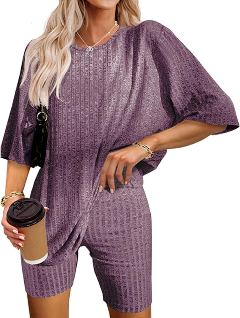 Ribbed Knit Lounge Set for Women Pajama Set 2 Piece Outfits Oversized T-Shirt and Biker Shorts Se... | Amazon (US)