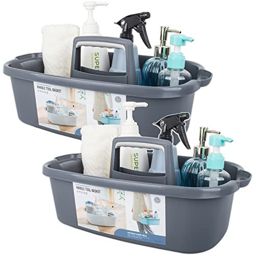 Large Cleaning Supplies Caddy Portable Shower Basket Supply Organizer with Handle Plastic Bucket Tool Storage for Bathroom, Bedroom, Kitchen, College Dorm, Garden, Dark Gray 2 Pack | Amazon (US)