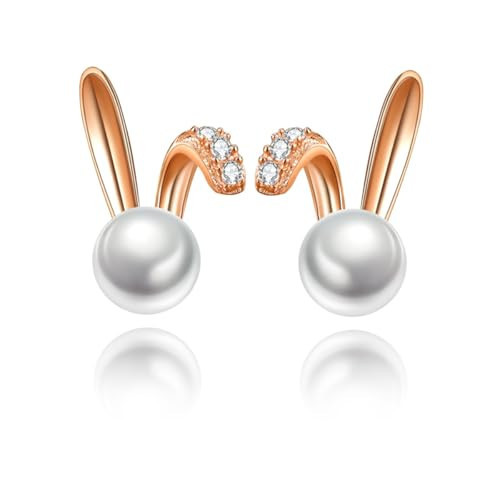 Hclian Easter Bunny Earrings for Women - Rose Gold Rabbit Pearl Earrings with Cubic Zirconia, Dainty Spring Holiday Jewelry Gift for Her | Amazon (US)