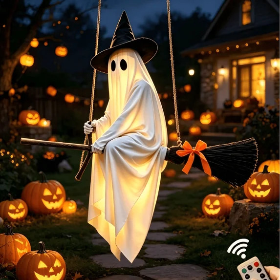 5 FT DIY Hanging Swing Ghost Halloween Decor, Light-Up Flying Ghost on Broomstick with Witch Hat,... | Walmart (US)