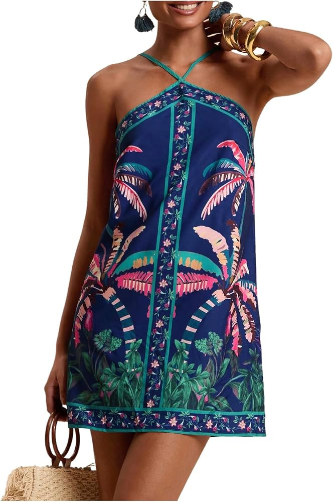 MakeMeChic Women's Boho Tropical Halter Mini Dress Backless Summer Vacation Dresses Floral Sundre... | Amazon (US)
