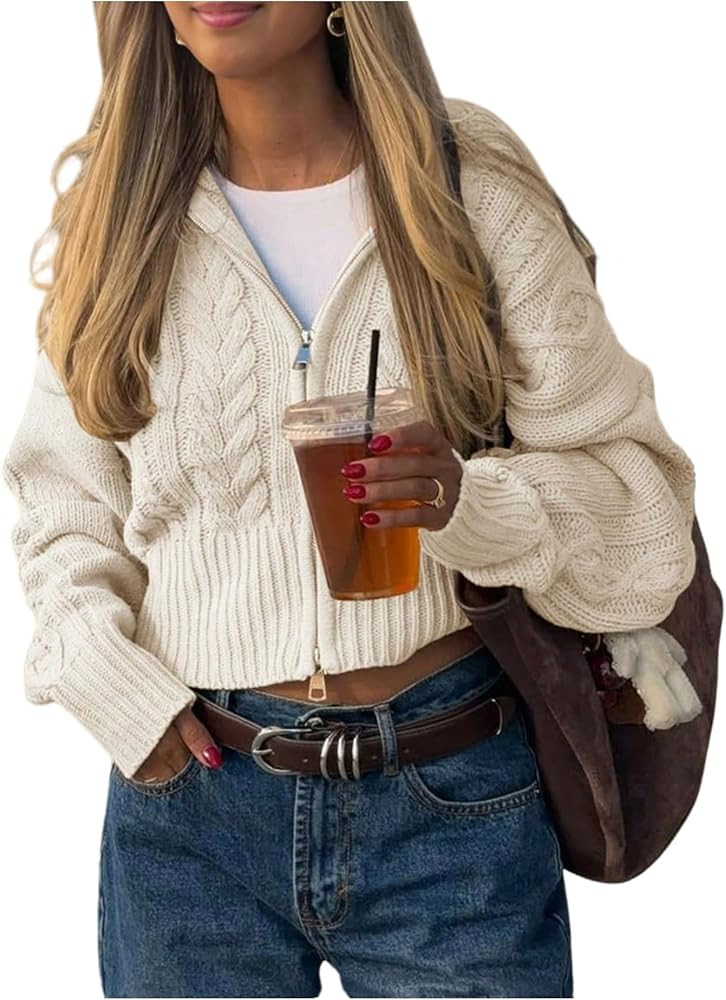 GORGLITTER Women's Cable Knit Cropped Zip Up Sweater Y2k Oversized Long Sleeve Vintage Fall Cozy ... | Amazon (US)