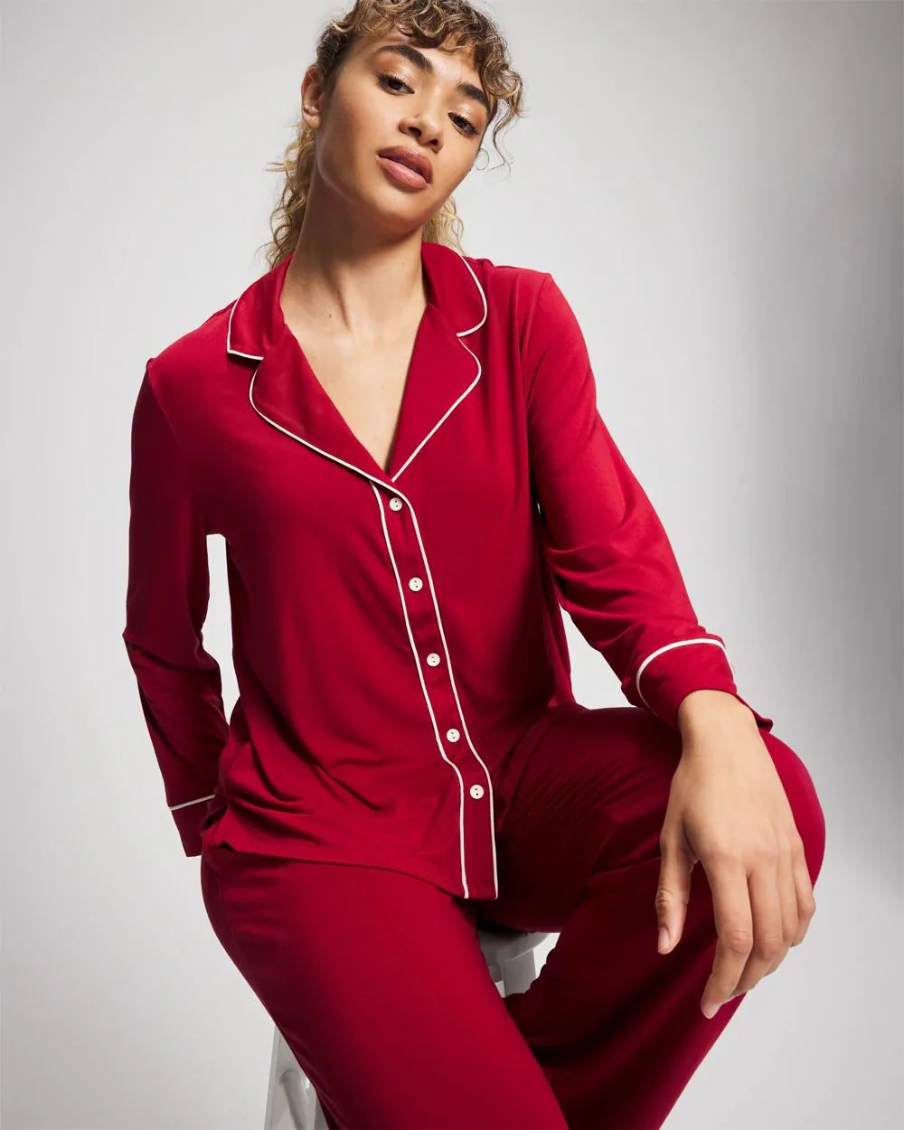 Long Sleeve Notch Collar w/ Piped Placket Pajama Top | Soma | SOMA
