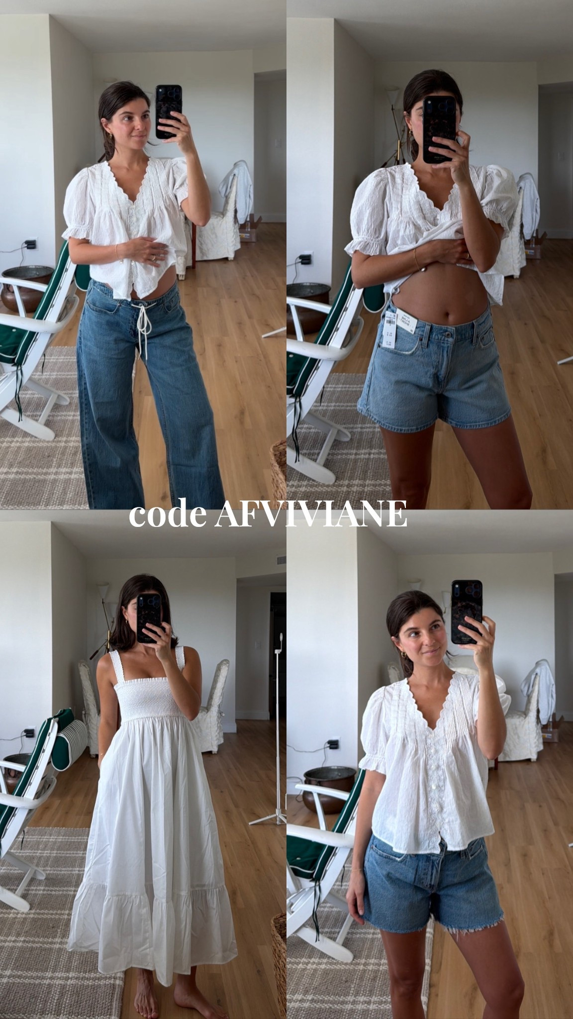 [3/30/26] final day to use code AFVIVIANE for 15% off | favorites linked that are still in stock! Currently 16 weeks pregnant + sharing sizing below. My normal sizes are 24/25

* 100% cotton top (sold out) - linking similar options + low rise ultra loose denim (size 26, short but would do regular if I wanted to pair with heels)
* 100% cotton top (sold out) - linking similar options + mid-rise a line short (size 28 - currently 16 weeks pregnant, would size up soon!) 
* White reversible dress -  small, petite
* 100% cotton top (sold out) - linking similar options + mid-rise a line short in a different wash! (size 28 - currently 16 weeks pregnant, would size up soon!) 


#LTKSeasonal #LTKSaleAlert #LTKBump