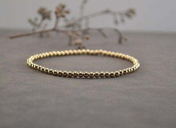 3 mm Gold Stackable Bracelet, Stacking Bracelet, Stretch Bracelet, Gold Beaded Bracelet, Gold Fil... | Etsy (US)