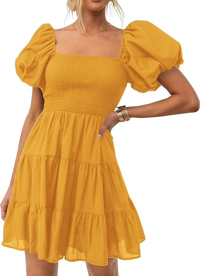 ZESICA Women's Boho 2025 Summer Square Neck Puff Sleeve Off Shoulder Smocked Tiered Casual A Line... | Amazon (US)