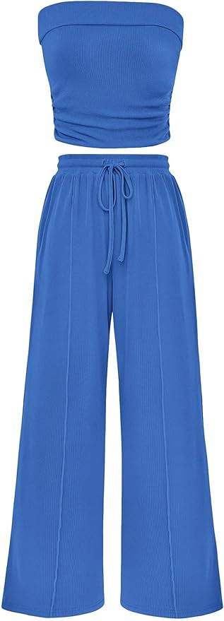 PRETTYGARDEN Womens Summer Outfits 2 Piece Sets Casual Ribbed Knit Crop Tube Top Wide Leg Pants S... | Amazon (US)