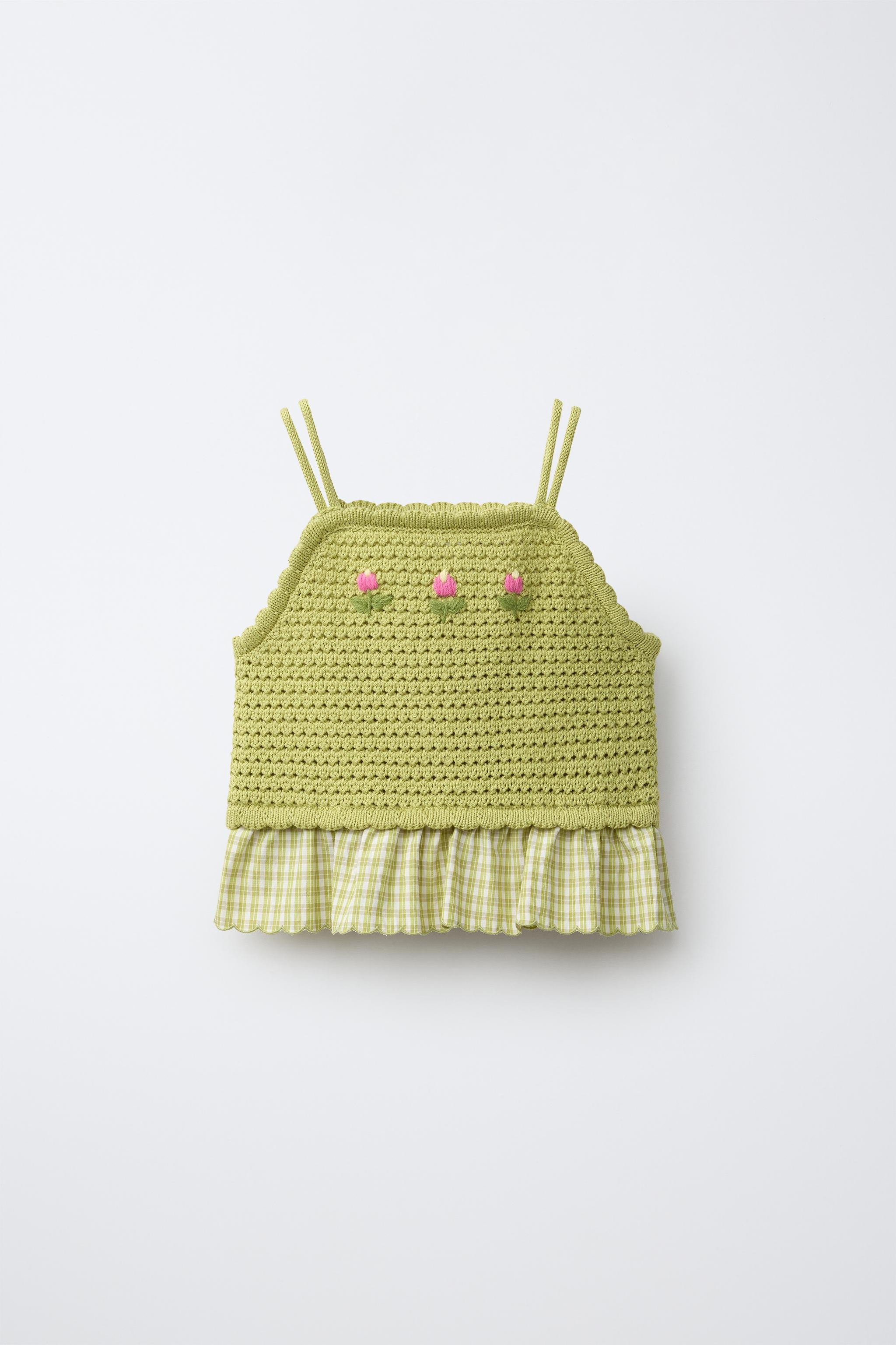 COMBINED GINGHAM AND EMBROIDERED KNIT TOP | Zara US