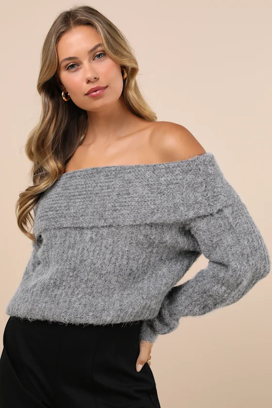 Cozy Outcome Grey Fuzzy Off-the-Shoulder Sweater | Lulus