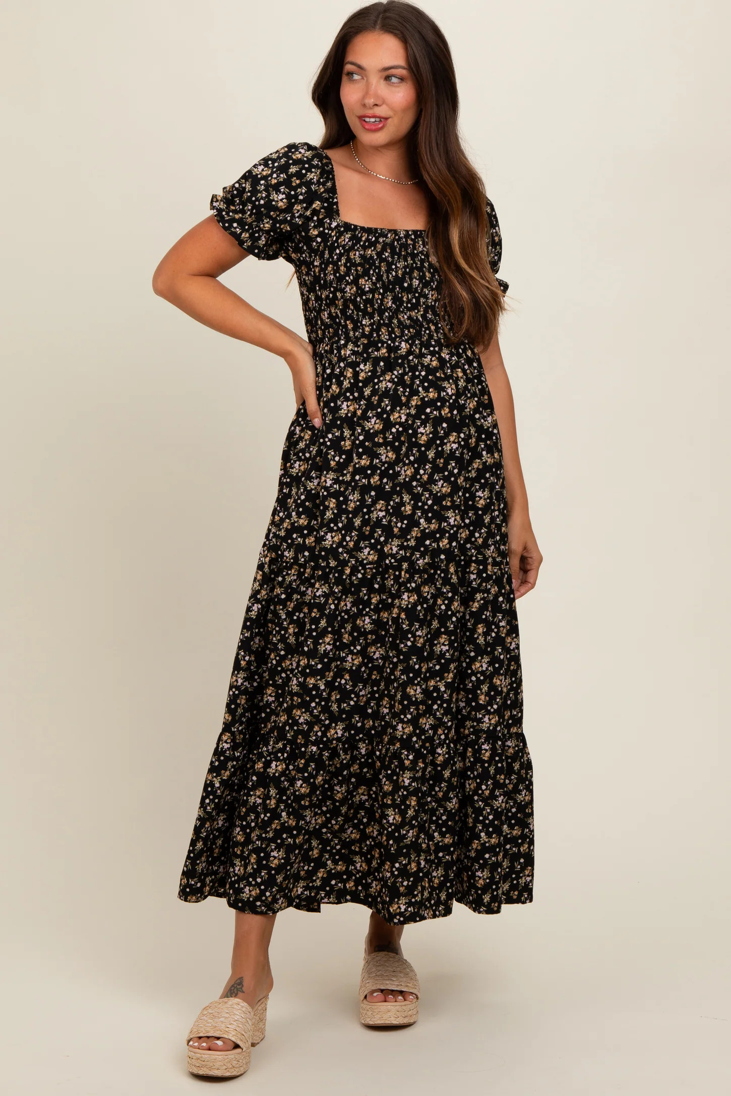 Black Floral Midi Maternity Dress | PinkBlush Maternity