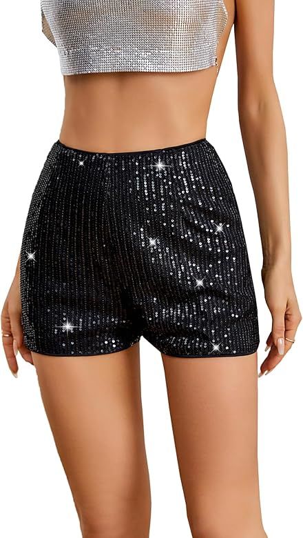 SweatyRocks Women's Sequins High Elastic Waist Straight Leg Shorts Solid Glitter Party Shorts | Amazon (US)