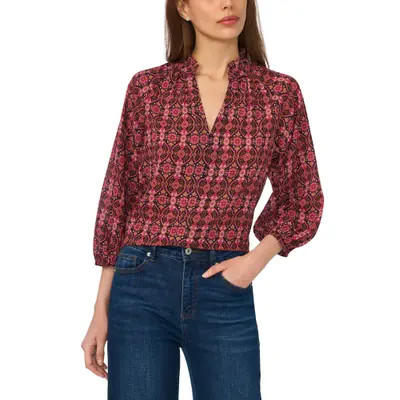 CeCe Paisley Crepe Top in Rich Black/burgundy at Nordstrom, Size Medium | Nordstrom