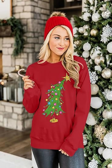 Christmas Sweatshirts for Women Cute Christmas Tree Graphic Long Sleeve Shirt Xmas Holiday Party ... | Amazon (US)