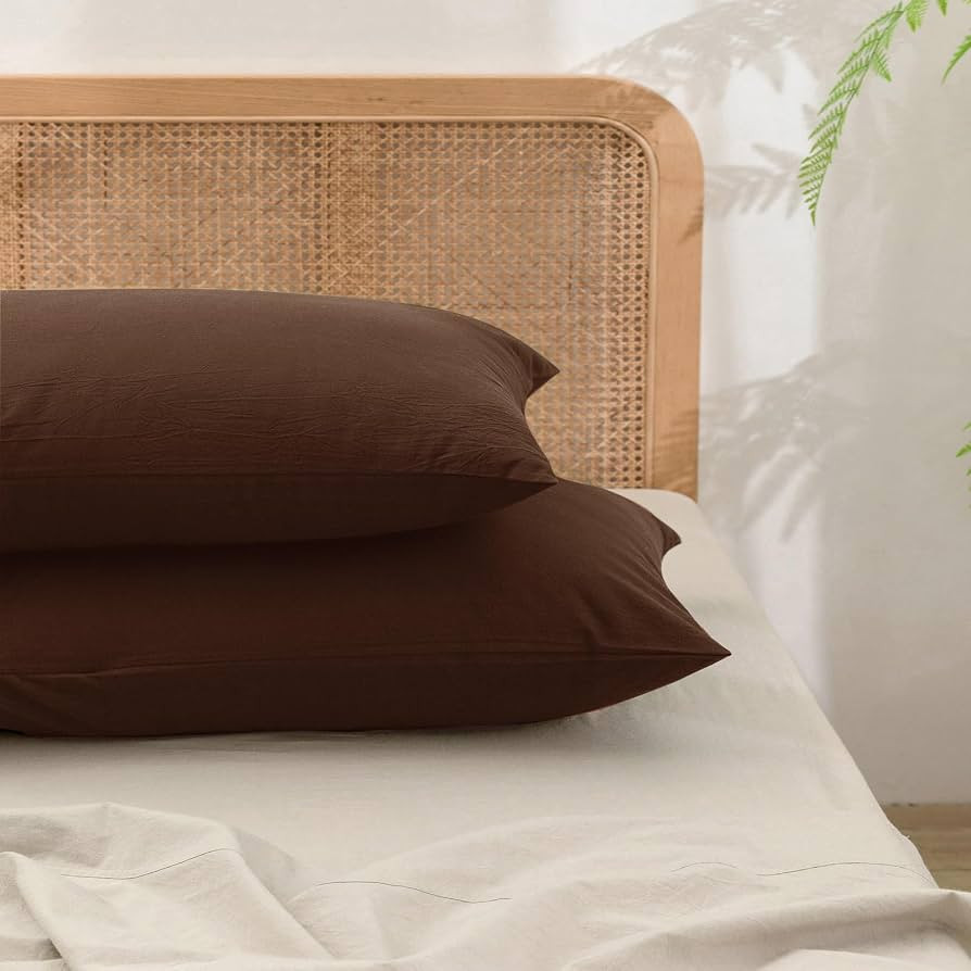 BESTOUCH Washed Cotton Pillowcases Linen Feel Cocoa Brown Queen | Amazon (US)
