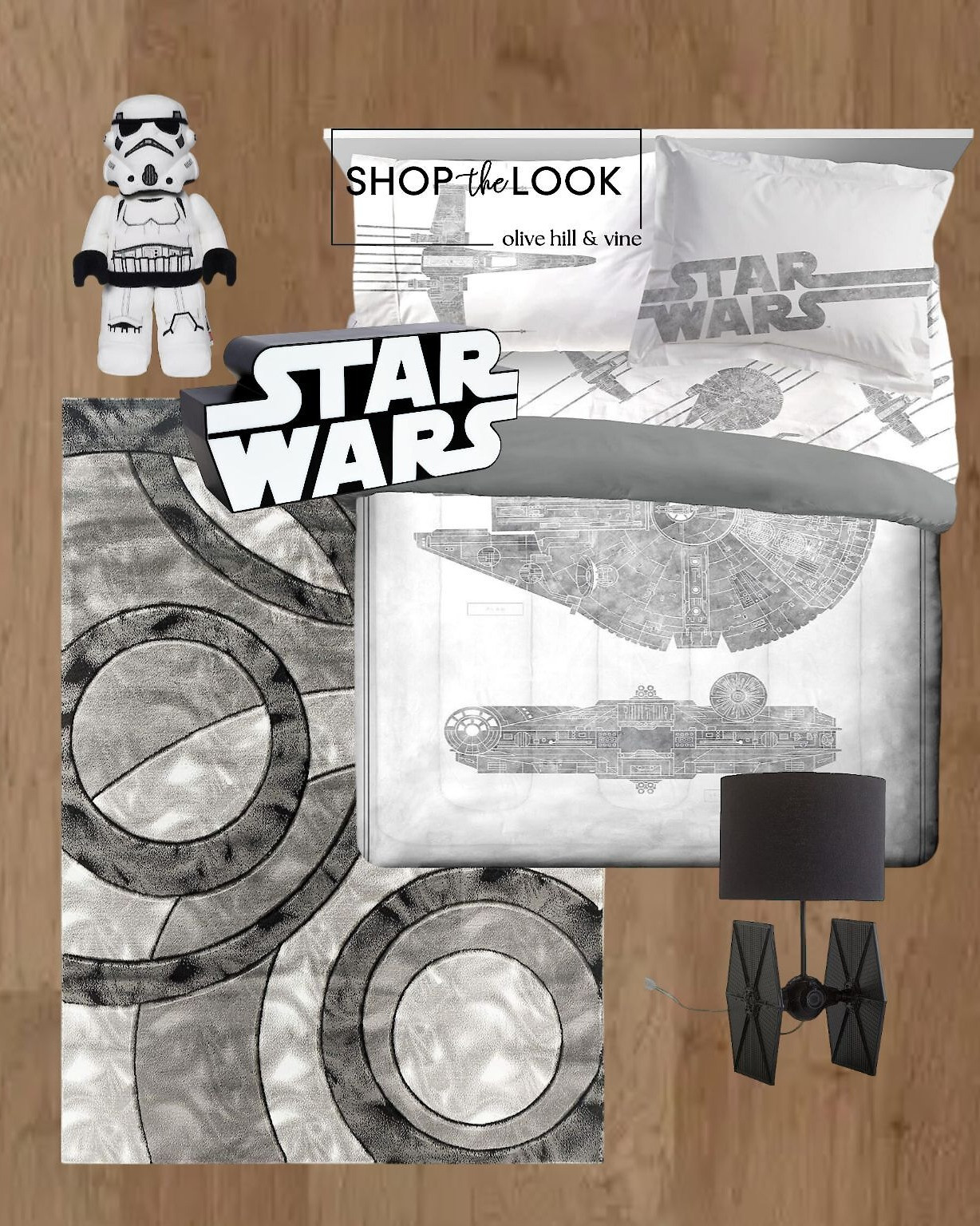 A galaxy of style awaits. With Falcon schematics on the bedding, a TIE Fighter lamp with serious design cred, a stormtrooper plush, and a glowing logo light, this Star Wars bedroom is a hyperspace-level upgrade. Designed with precision only a stormtrooper could miss.  

 

#LTKHome #LTKKids #LTKFamily