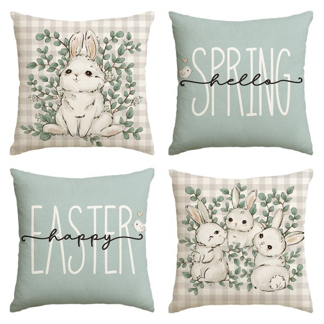 Sm:)e Buffalo Plaid Rabbit Happy Easter Throw Pillow Cover, 18 x 18 Inch Eucalyptus Leaves Hello ... | Walmart (US)