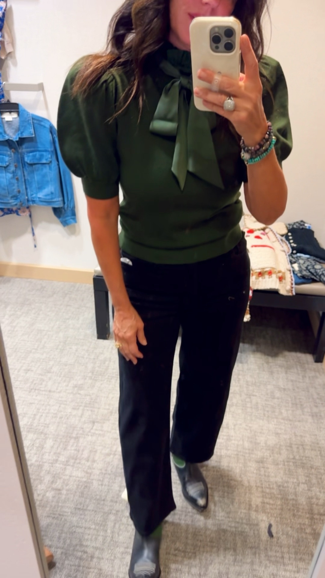 Nordstrom anniversary sale beautiful shade of green sweater with puff sleeves and detachable bow! Love this piece - feels so pretty!  Size up! 
Frame jeans fit so good, straight leg and cropped.

#LTKOver40 #LTKSaleAlert #LTKmomlife