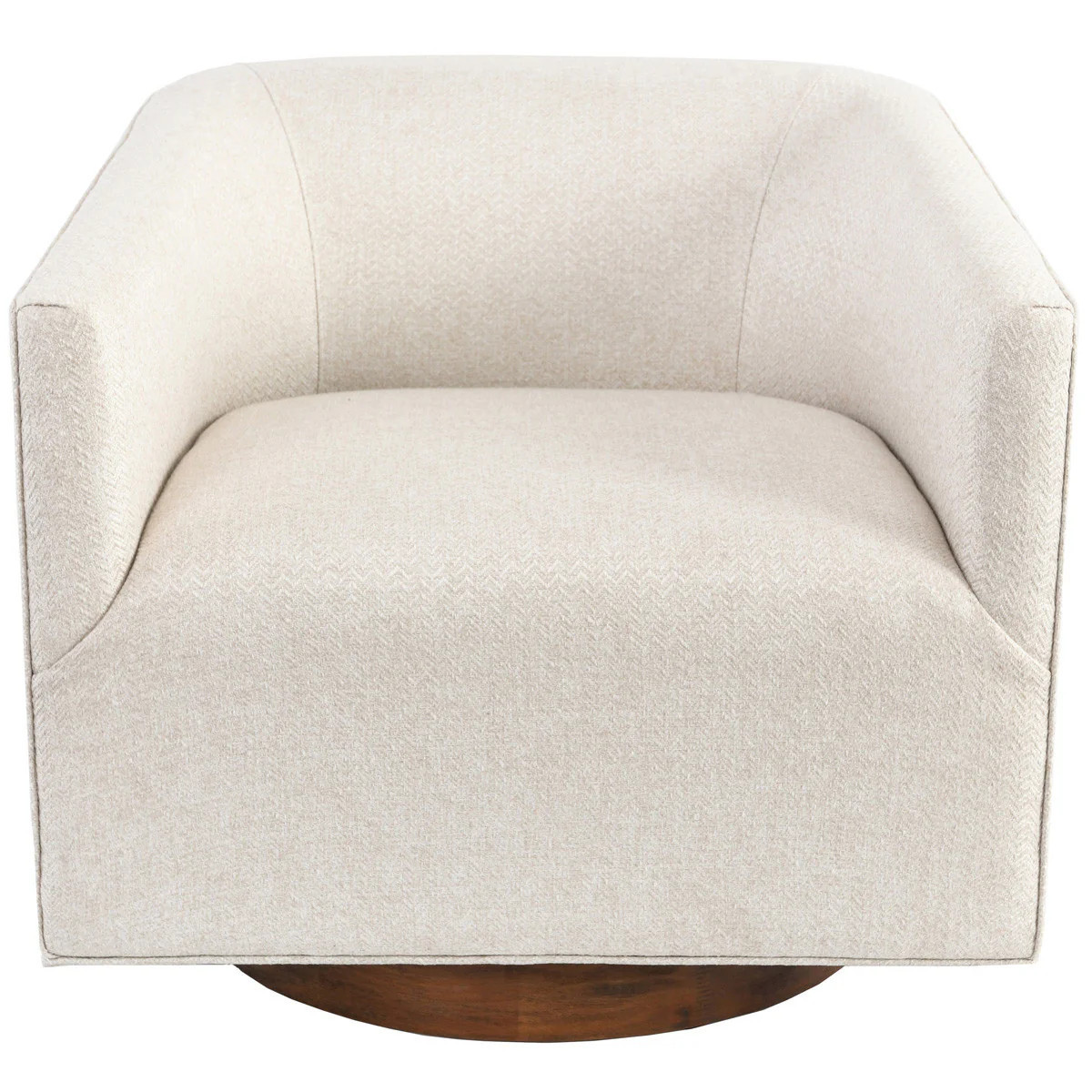 30" Beige and Wood Brown Polyester Chevron Swivel Barrel Chair | Shop Simon