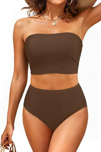 Tempt Me Women Brown Bandeau Bikini Set Strapless High Waisted Two Piece Swimsuit Longline Bathing Suits L | Amazon (US)