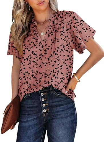 SHEWIN Women's Casual V Neck Floral Print Smocked Short Sleeve Chiffon Blouses Bohemian Top Shirt... | Amazon (US)