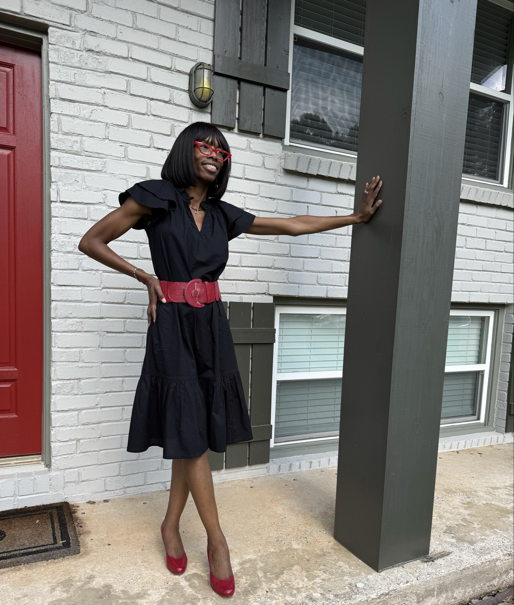 Simple black dress and red belt, glasses and shoes 

#LTKStyleTip #LTKOver40 #LTKGiftGuide
