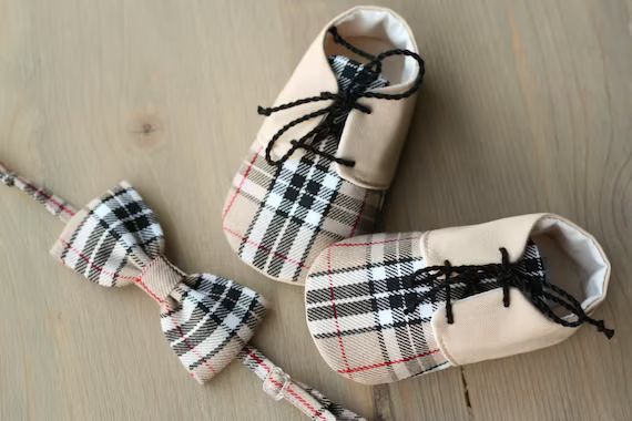 Baby Boy Shoes and Bow Tie Set Baby Photo Prop Beige Plaid | Etsy | Etsy (US)