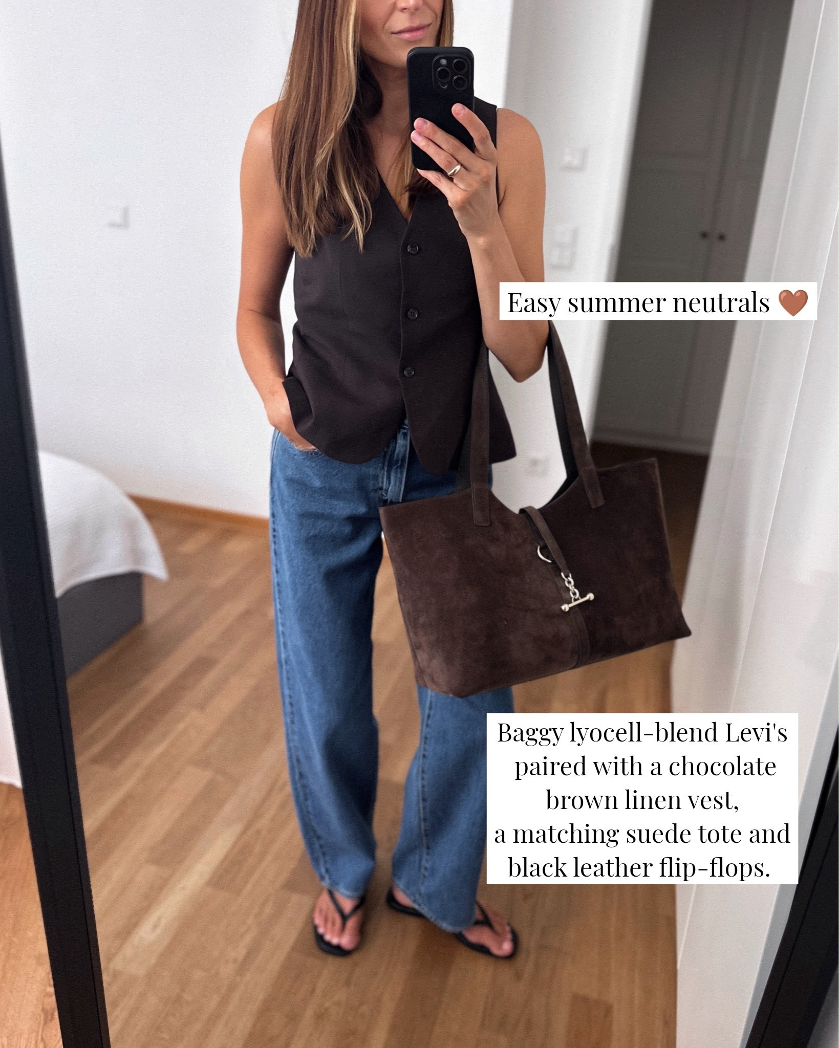 Look of the day 🤎
Wearing my favorite baggy Levi's, a chocolate brown linen vest (old, but I've linked similar options), a suede @Strathberry tote, and simple black leather flip-flops.

#LTKstyletip #LTKjeans