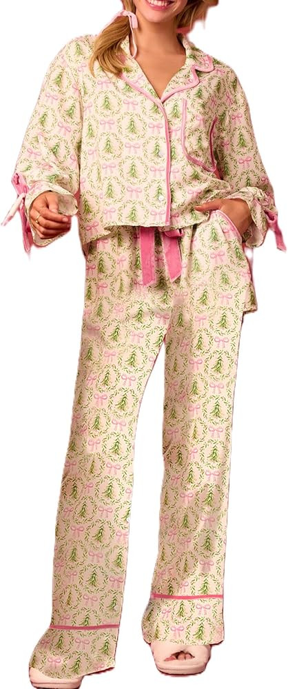 Argeousgor Christmas Pajamas for Women Bow Tie Long Sleeve Shirt Pants Satin Silk Funny Graphic 2... | Amazon (US)