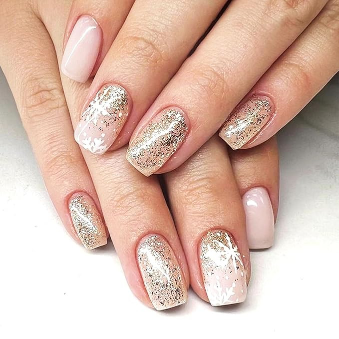 Medium Square Christmas Press on Nails Christmas Snowflake Fake Nails Glossy Gold Glitter False N... | Amazon (US)