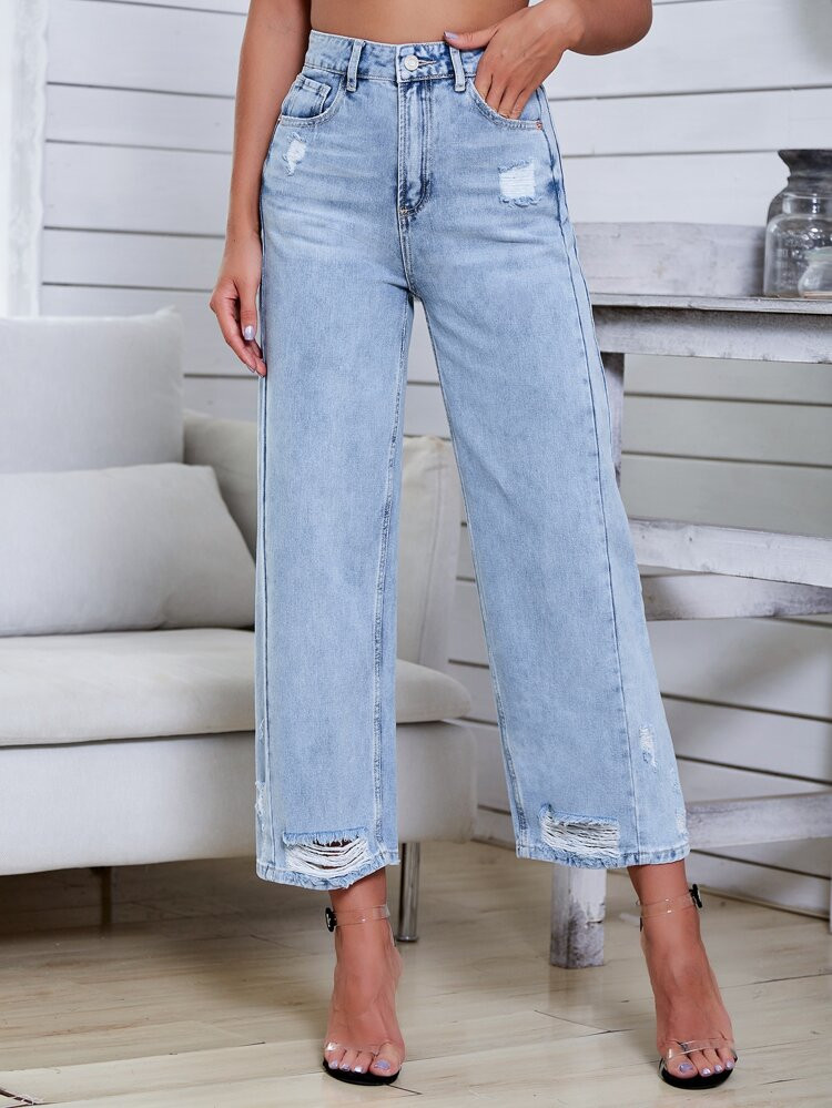 Light Wash High-Waisted Ripped Baggy Jeans | SHEIN