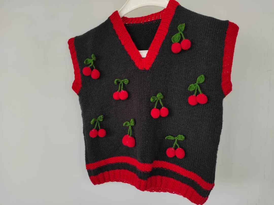 V Neck Cherry Vest Sweater in Black and Red Wool Blend Hand - Etsy UK | Etsy (UK)