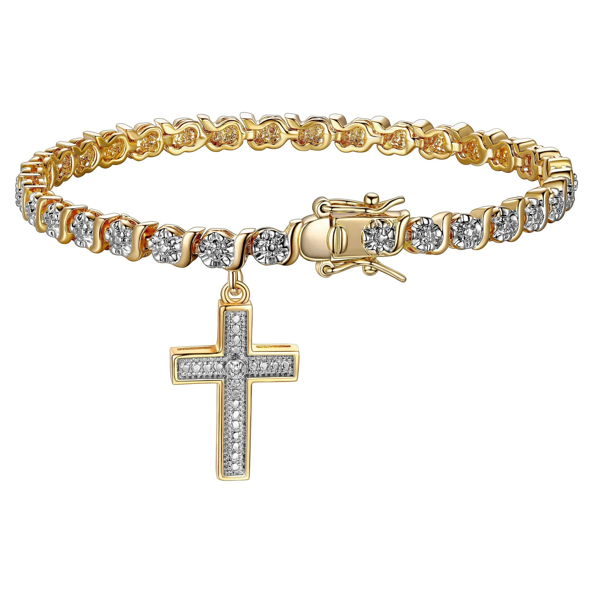 18K Yellow Gold Plated Diamond Accent Cross Charm Tennis Bracelet, 7.25" | Walmart (US)