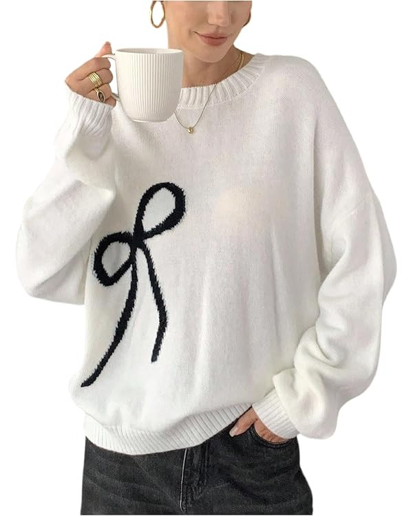 Women's Bow Sweaters Crew Neck Long Sleeve Jumper Knit Sweater Pullover Tops       Send to LogieI... | Amazon (US)