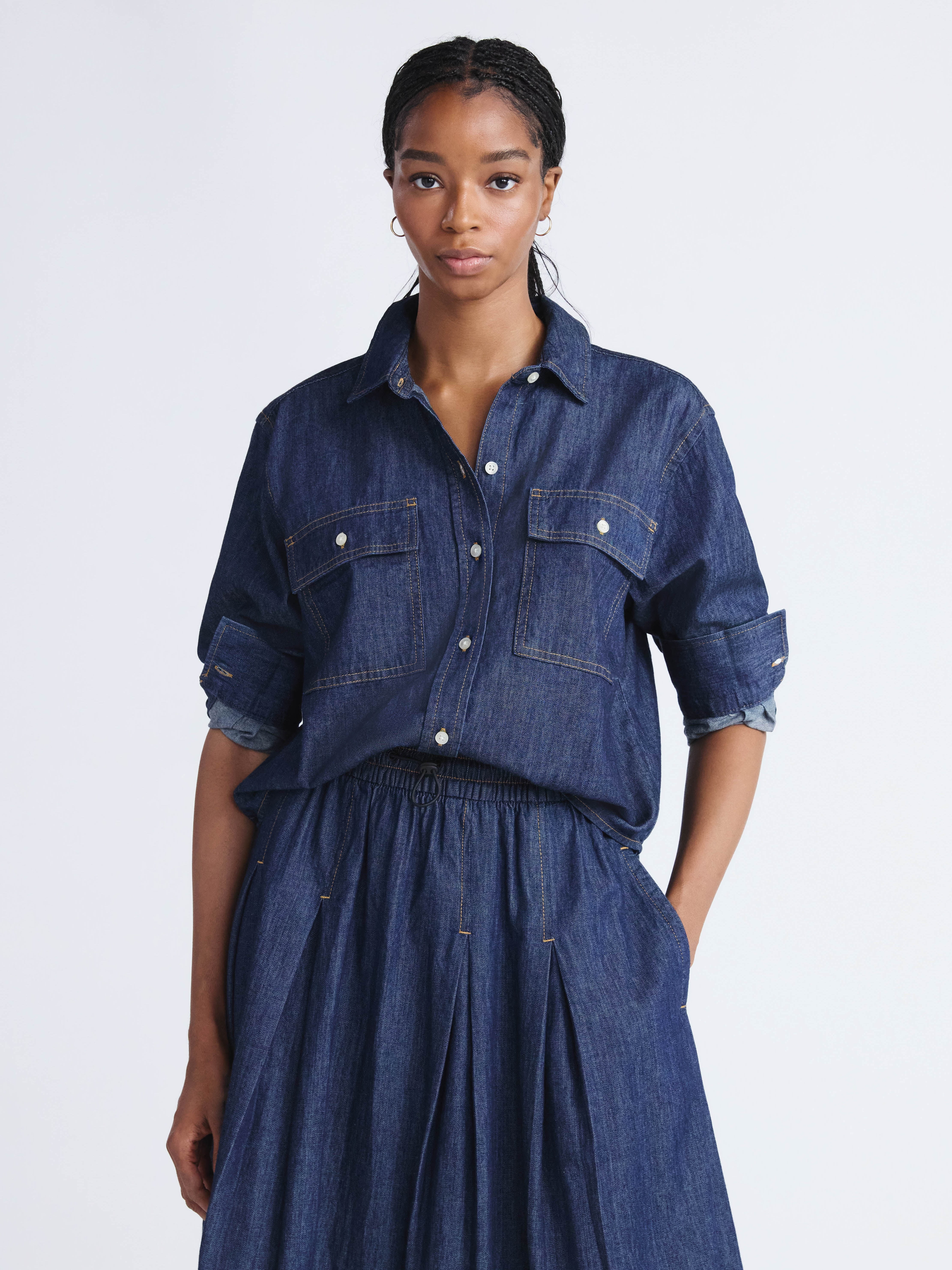 Free Assembly Women's Cropped Denim Utility Shirt with Long Sleeves, Sizes XS-2XL | Walmart (US)