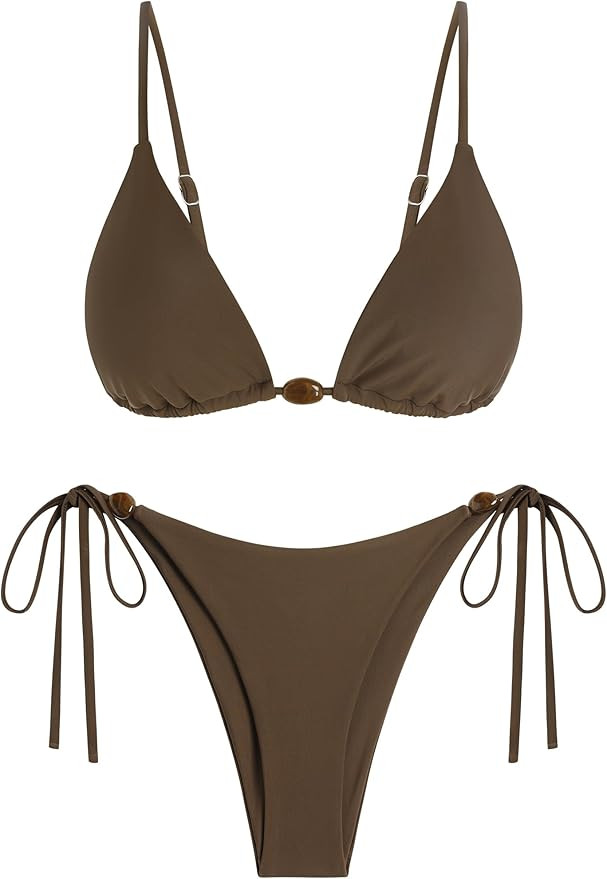 ZAFUL Women's Sexy Halter Bikini Sets Beads Tie Side Solid Triangle Thong Swimsuit Two Piece Chee... | Amazon (US)