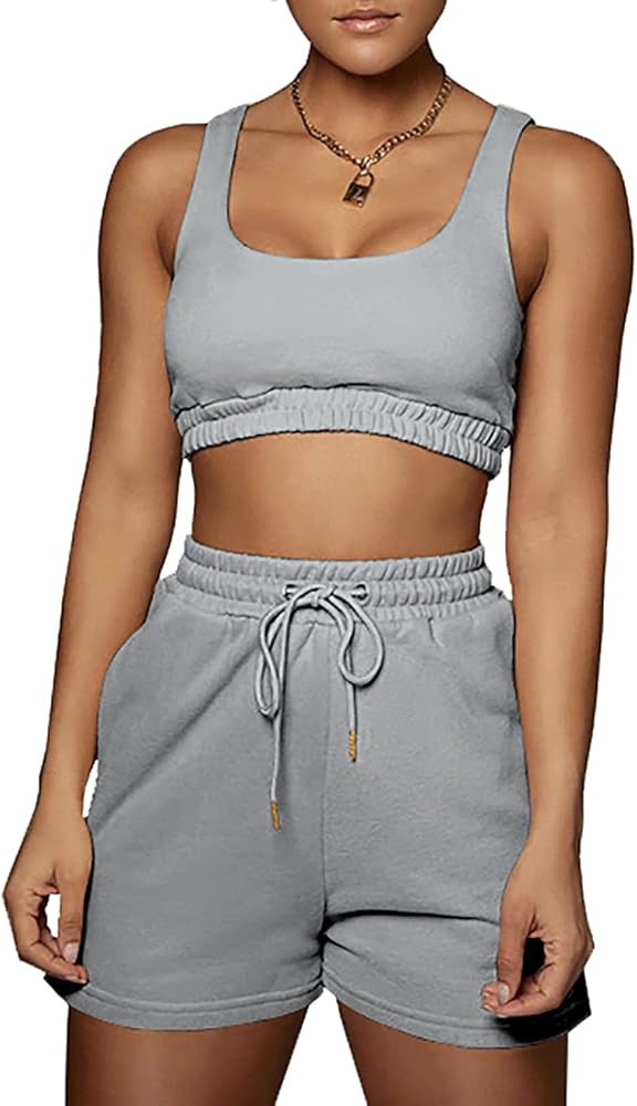 Summer Workout Sets Two Piece Outfits for Women , Sexy Sleeveless Crop Tops and Loose Shorts Casual  | Amazon (US)