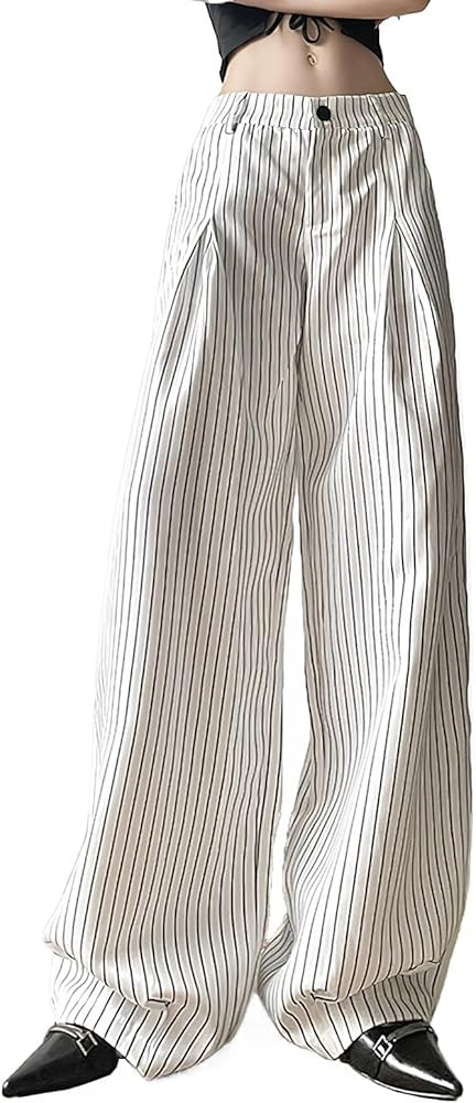 Viatabuna Women's Casual Striped Wide Leg Pants Low Waisted Y2K Baggy Pants Lounge Pinstripe Ligh... | Amazon (US)
