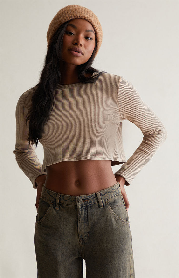 Est. PAC 1980 Women's Easy Waffle Knit Crew Long Sleeve Crop Top in Taupe - Size 2XL | PacSun
