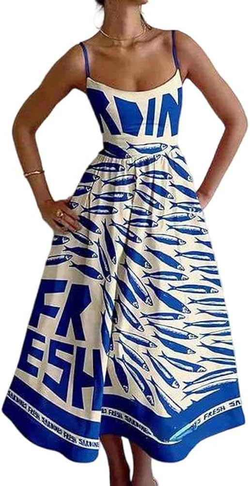 Women's Graphic Print Midi Dress Spaghetti Strap Sweetheart Neck A-Line Casual Summer Vacation Dr... | Amazon (US)