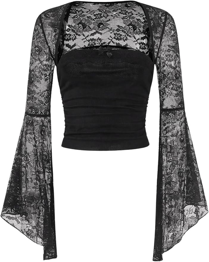 Verdusa Women's Y2K Bell Sleeve Square Neck Ruched Blouse Goth Lace Tops | Amazon (US)