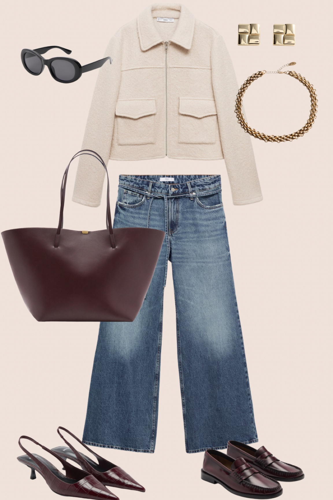 Burgundy bag
Burgundy shoes 
Burgundy loafers 
Wide leg jeans 
Wool jacket 
Autumn outfit 
Fall outfit 

#LTKuk #LTKeurope #LTKautumn