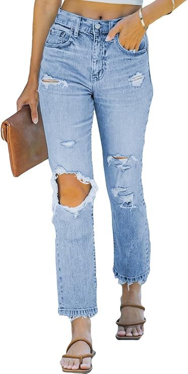 Sidefeel Women's New Relaxed Fit Jeans Stretchy Ripped Straight Boyfriend Denim Pants S-2XL | Amazon (US)