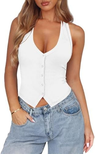 Womens Button Down Tank Top for Women Ribbed Button Up Halter Fitted Vest Summer Sexy Trendy Cute... | Amazon (US)