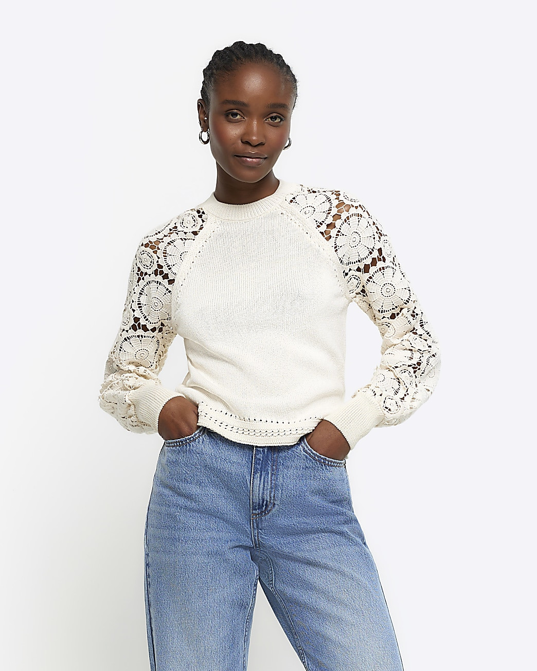 Cream lace long sleeve jumper | River Island (UK & IE)