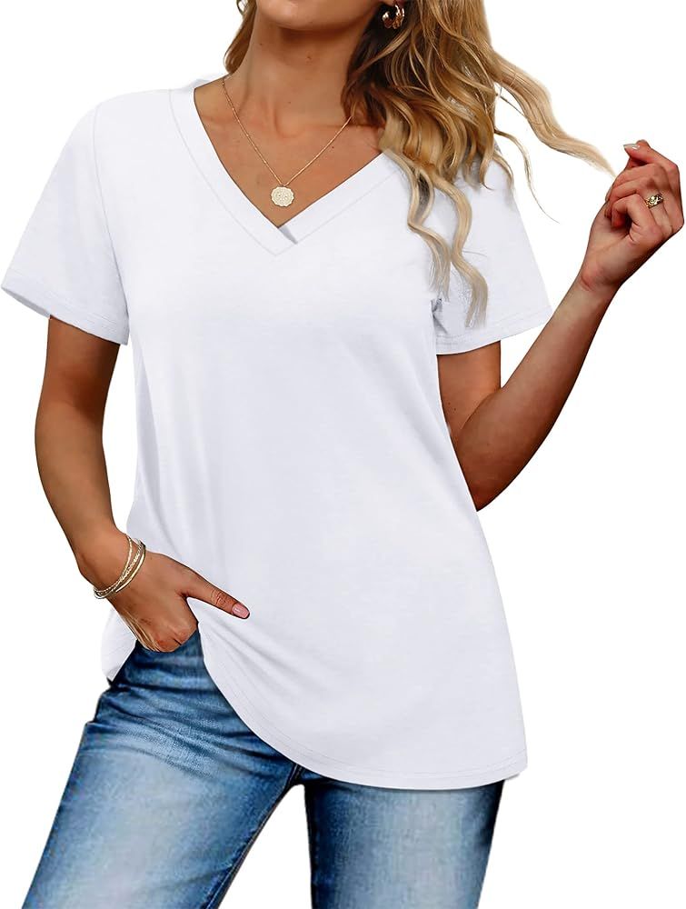 Aokosor Womens T Shirts V Neck Short Sleeve Casual Summer Tops Loose Fit Tshirts | Amazon (US)