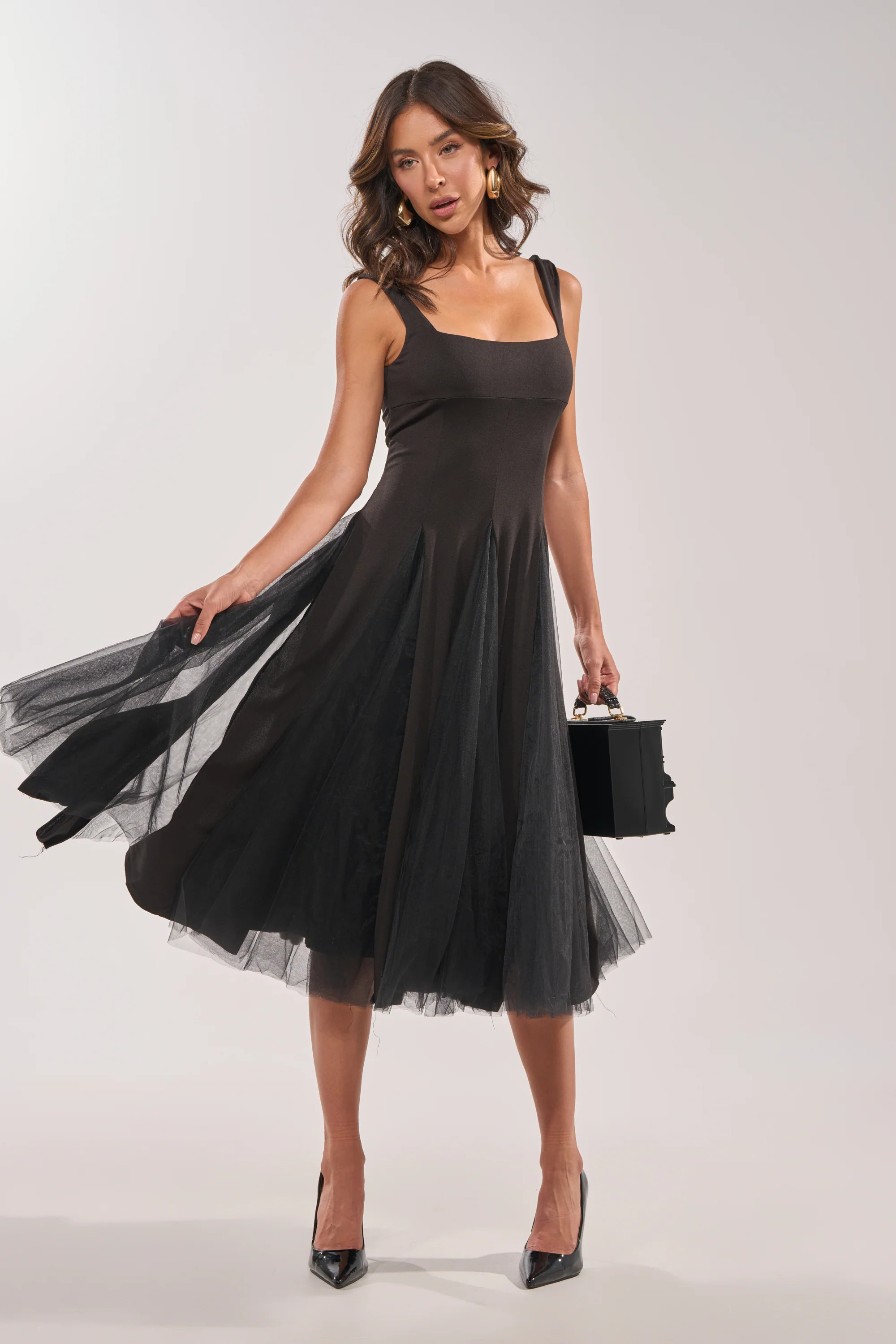 KNOW YOUR WORTH TULLE MIDI DRESS IN BLACK | AKIRA